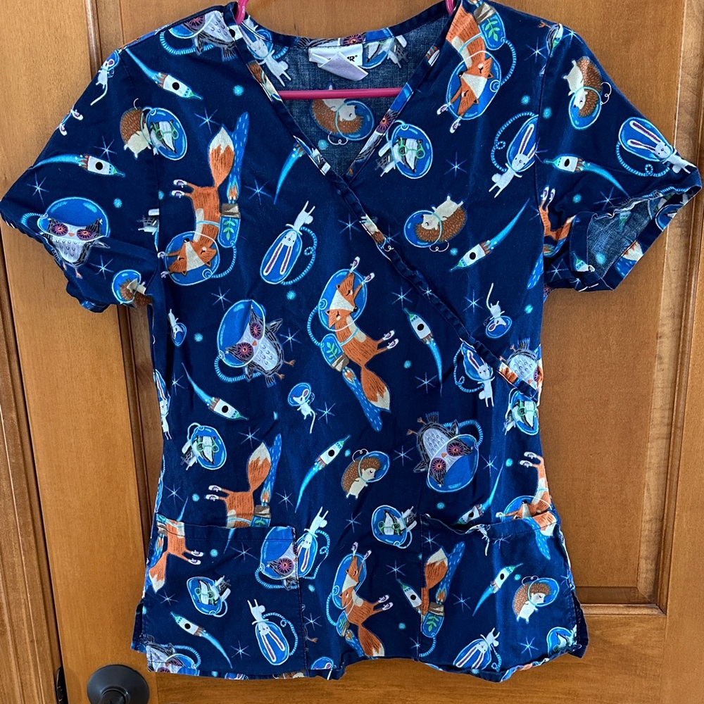 Scrubstar Space Animals Galaxy Mock Wrap Scrub Top V-Neck Navy Blue S